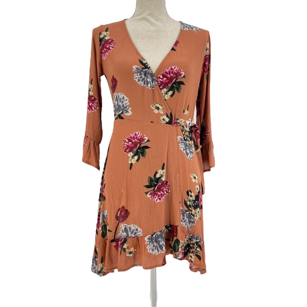 Luna Chix Womens XS 3/4 Bell Sleeve Floral Casual Wrap Mini Dress
